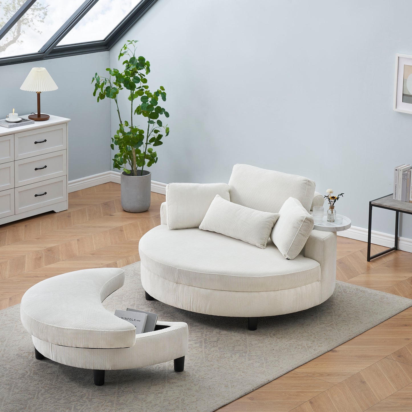 Corduroy Sofa With Two Throw Pillows And A Waist Pillow With An Extra Tray For Comfortable Seating Suitable For Small Apartment Bedroom Space - Beige