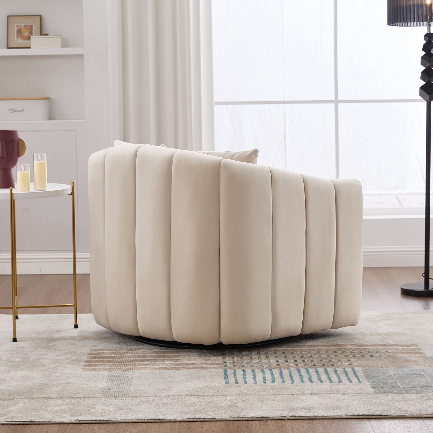 Upholstered Oversized 360 Degree Swivel Accent Barrel Chair And Half Cozy Sofa With 3 Pillows, Channel Tufted Pumpkin Shape Club Armchair For Living Room, Bedroom, Office, Lounge - Beige