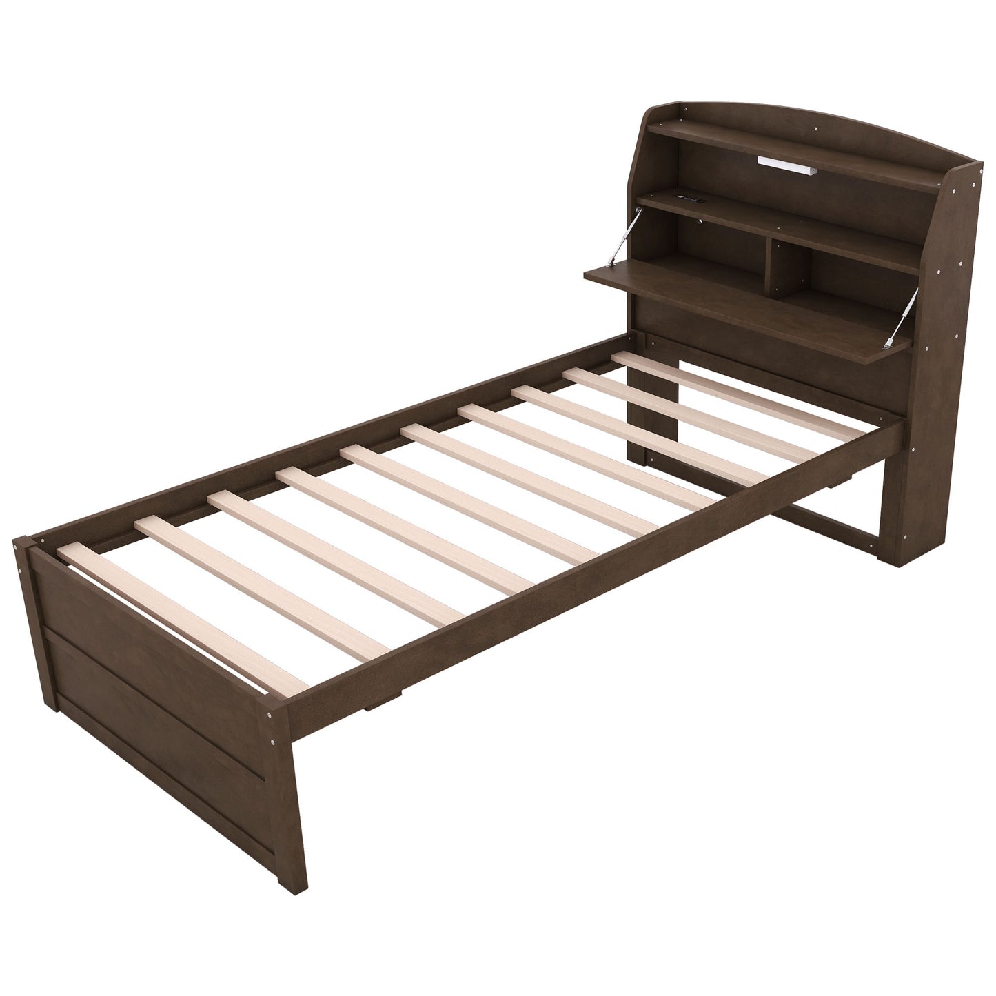 Twin Size LED Platform Bed With Trundle With Storage Headboard With Drawers - Brown