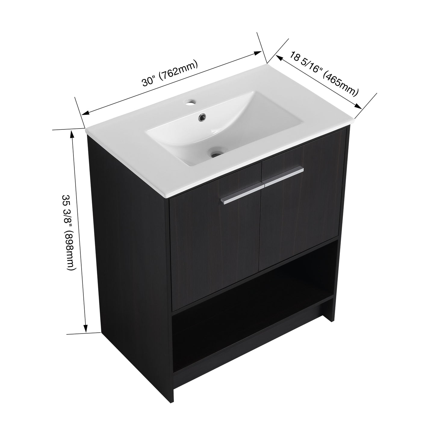 Modern Freestanding 30" Bathroom Vanity With Ceramic Sink, Soft Closing Doors Cabinet - Dark Oak