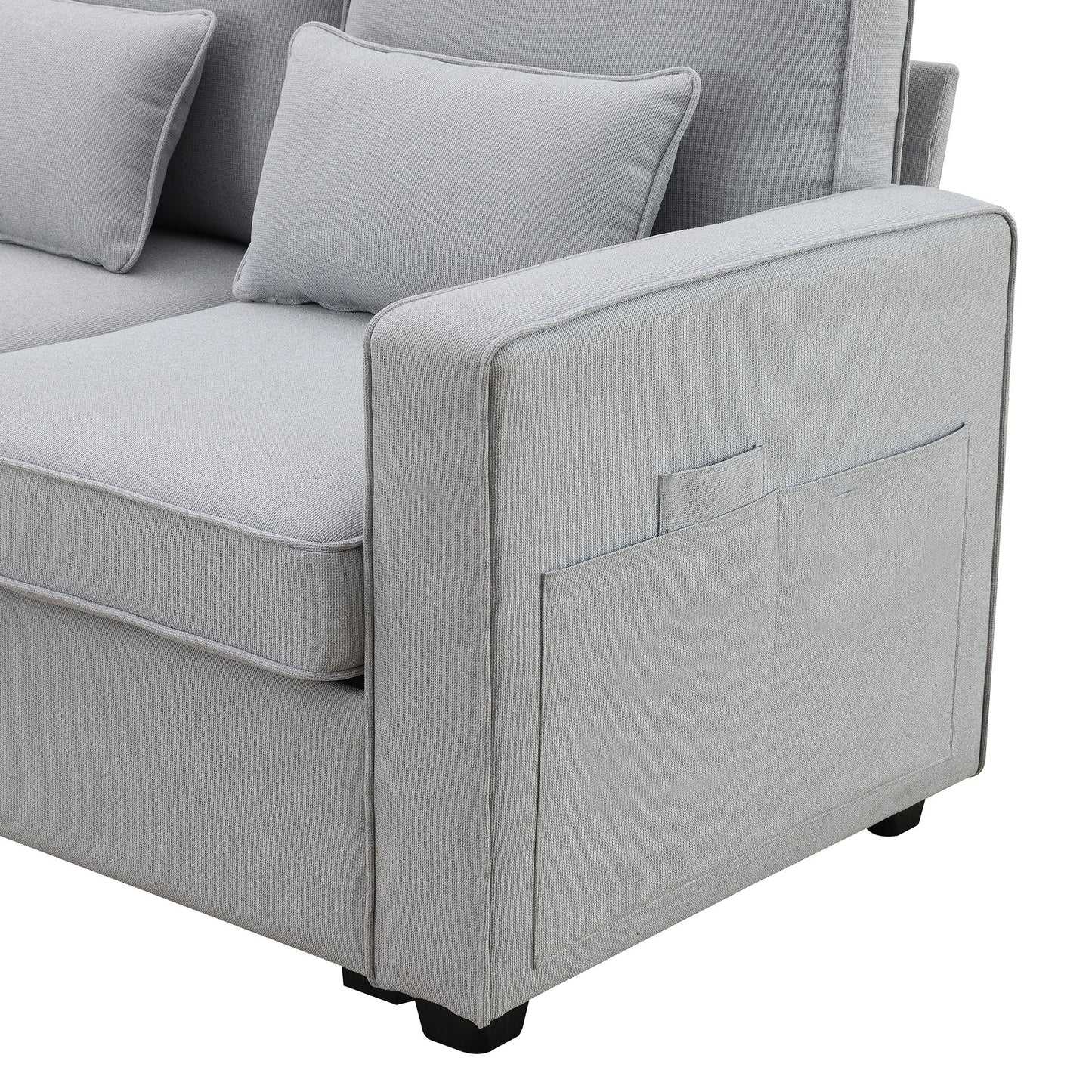 Upholstered Sofa With Console, 2 Cupholders And 2 USB Ports Wired Or Wirelessly Charged, Modern Linen Fabric Couches With 4 Pillows (4 Seat) - Light Gray