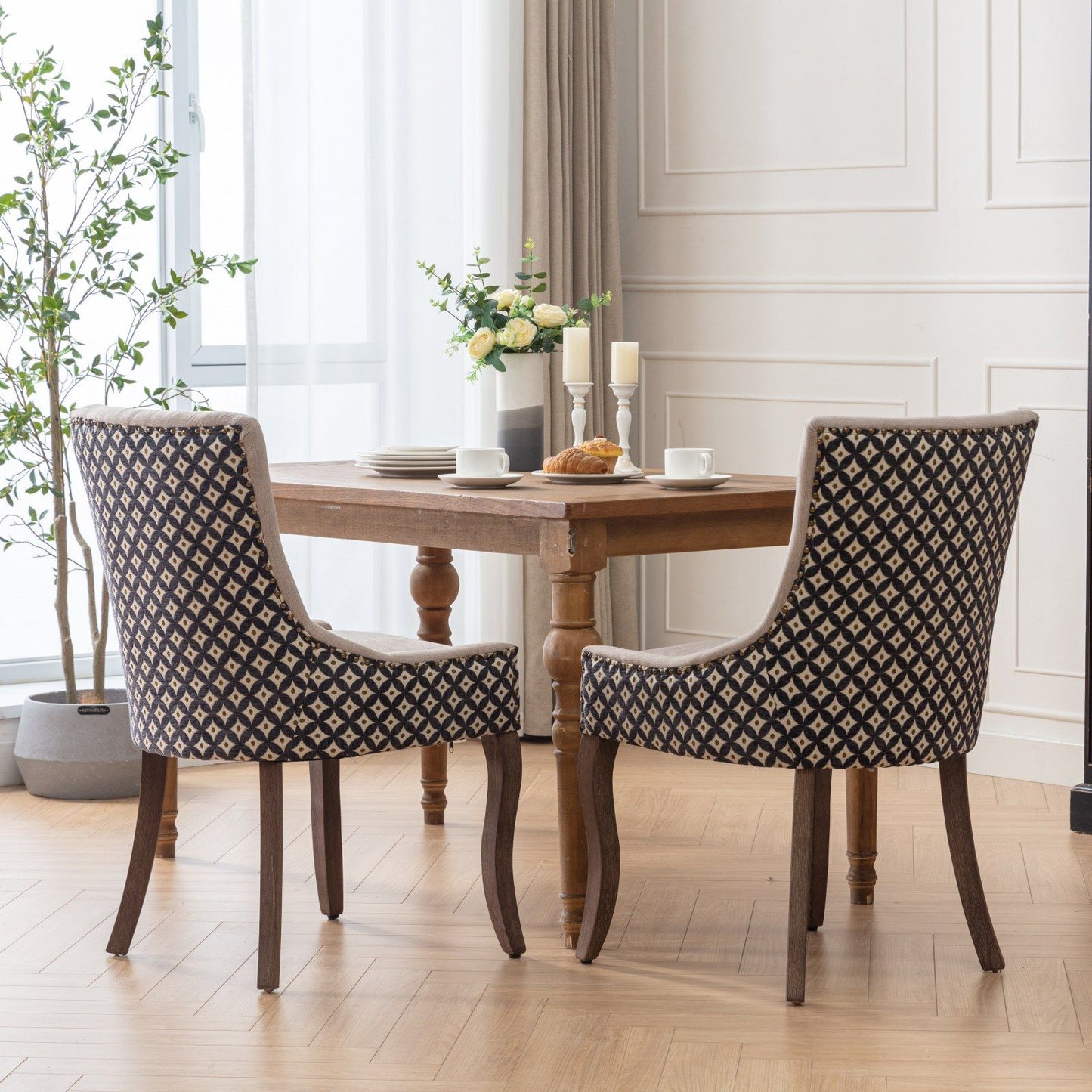 Ultra Side Dining Chair, Thickened Fabric Chairs With Neutrally Toned Solid Wood Legs, Bronze Nail Head, (Set of 2) - Beige / Patterned