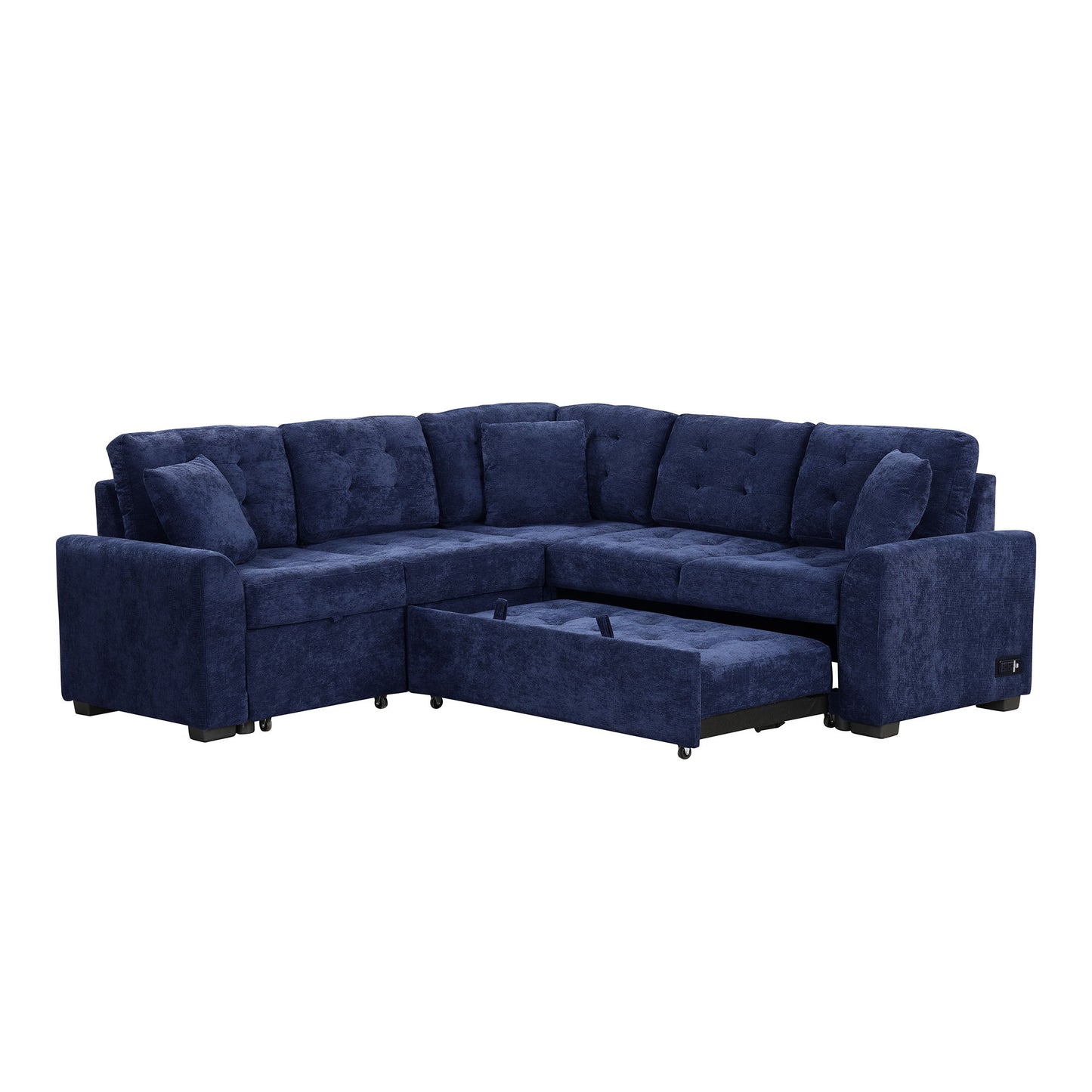 L-Shape Sofa Bed Pull-Out Sleeper Sofa With Wheels, USB Ports, Power Sockets For Living Room - Navy Blue