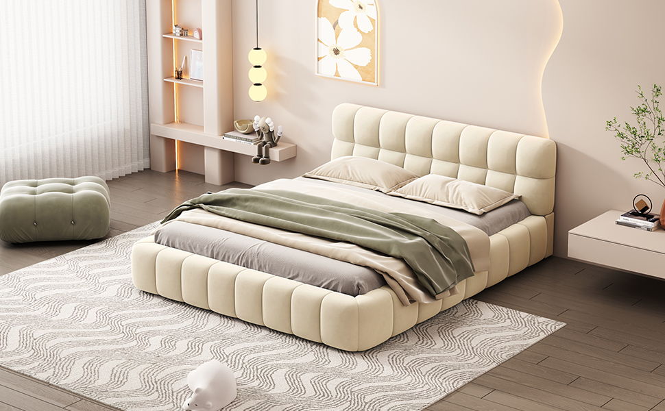 Queen Size Upholstered Platform Bed With Thick, Grounded Bed With Solid Frame - Beige
