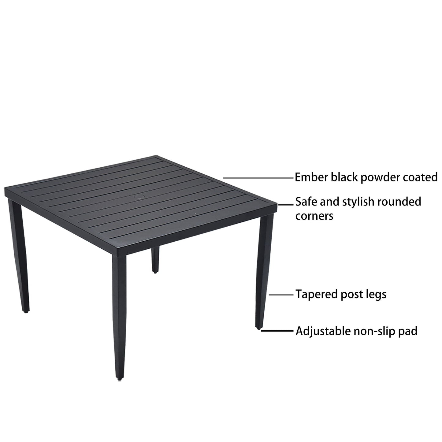 5 Piece Outdoor Patio Modern Dining Set, 4 Dining Chairs Sunbrella Fabric And Square Dining Table With Umbrella Hole - Ember Black