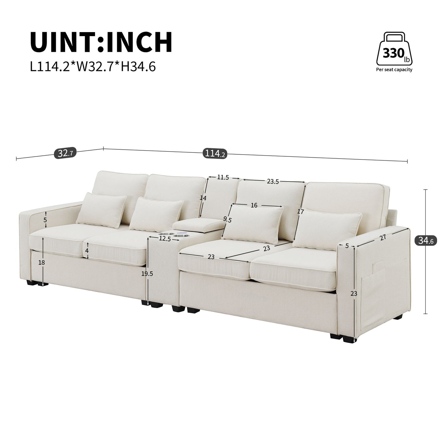 Upholstered Sofa With Console, 2 Cupholders And 2 USB Ports Wired Or Wirelessly Charged, Modern Linen Fabric Couches With 4 Pillows (4 Seat) - Beige