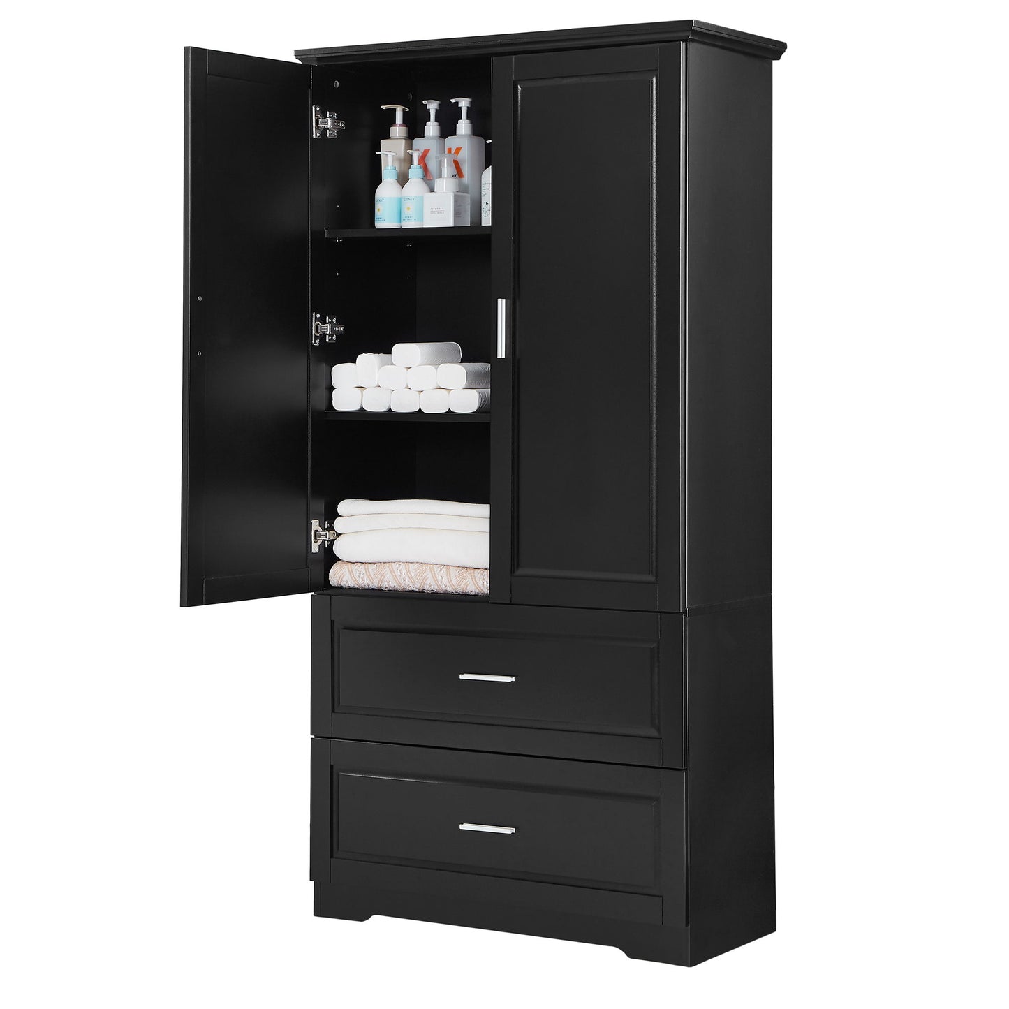 Tall Bathroom Storage Cabinet, Cabinet With 2 Doors And Drawers, Adjustable Shelf - Black