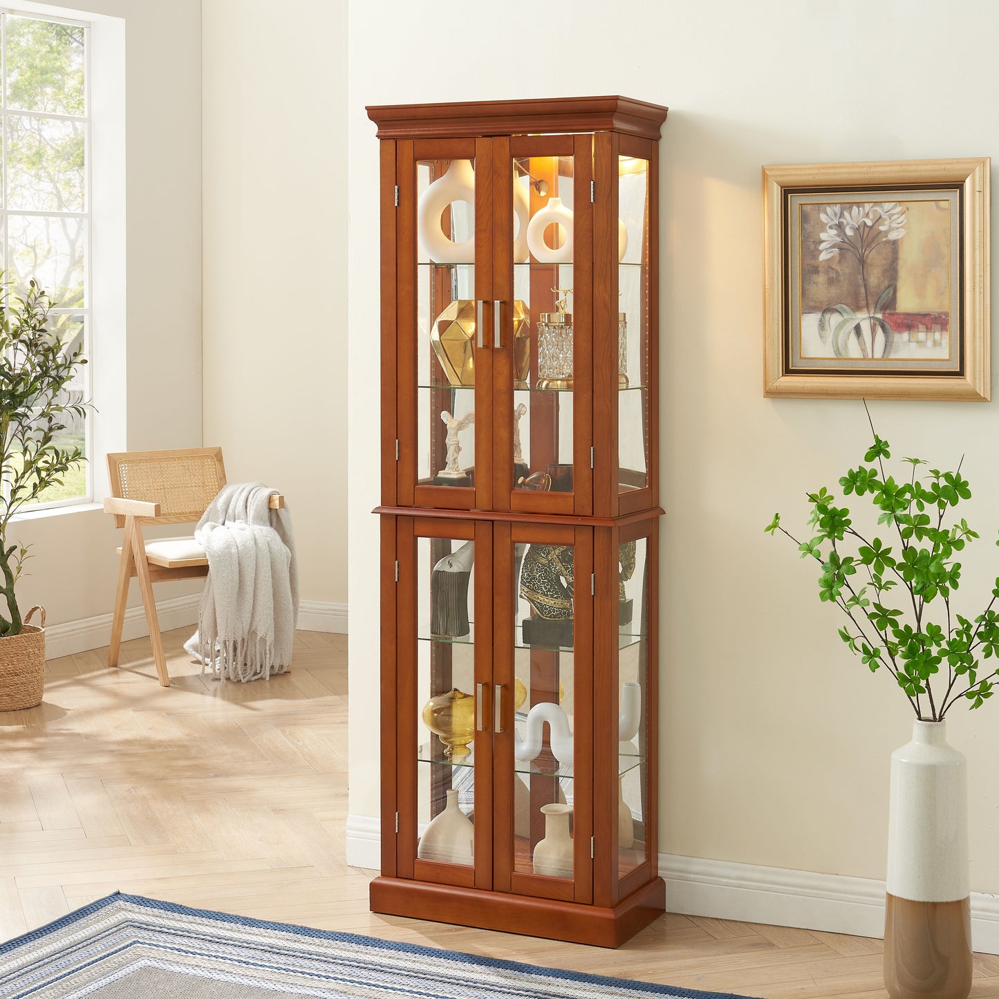 Curio Cabinet Lighted Curio Diapaly Cabinet With Adjustable Shelves And Mirrored Back Panel, Tempered Glass Doors (6 Tier), (E26 Light Bulb Not Included) - Walnut