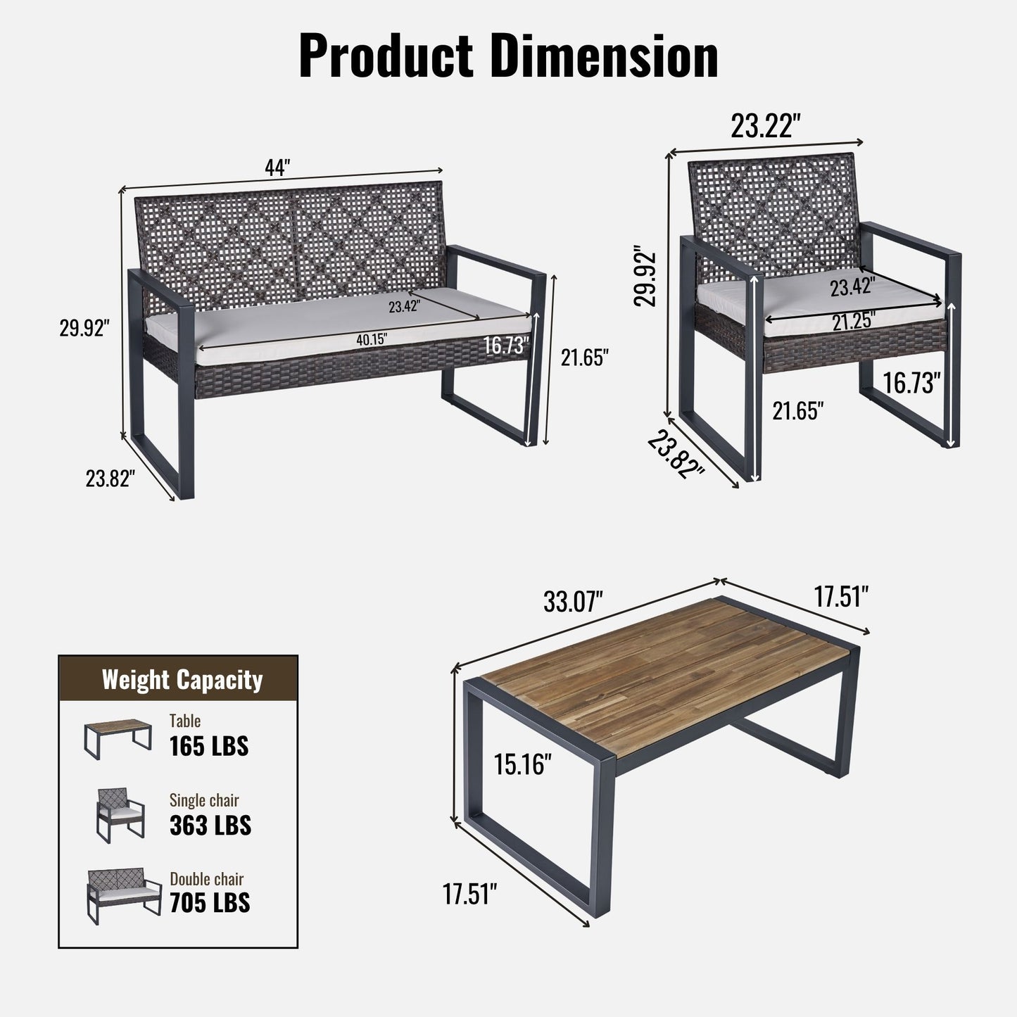 Modern 4 Piece Patio Furniture Set With Acacia Wood Table Top And Beige Cushions - Brown