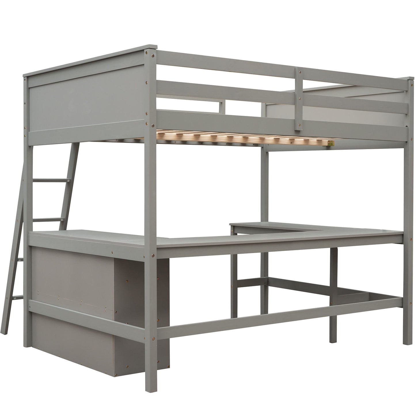 Full Size Loft Bed With Shelves With Desk - Gray