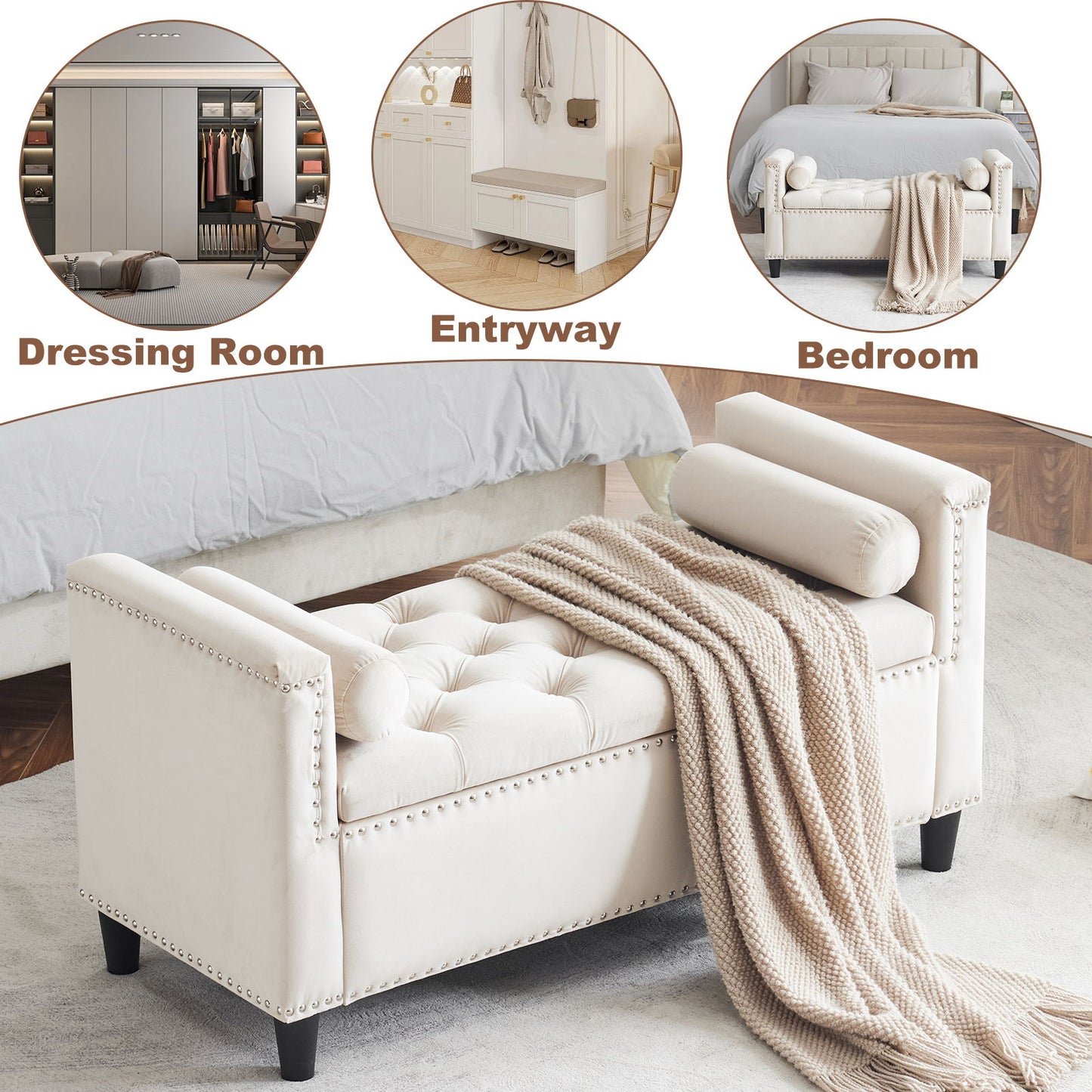 Storage Bench, Queen Velvet Button Bedside Bench, Entryway Living Room With Armrests, Nailhead Trim, Upholstered Bedroom Bench, Bedside Ottoman, Living Room, Entryway - Cream