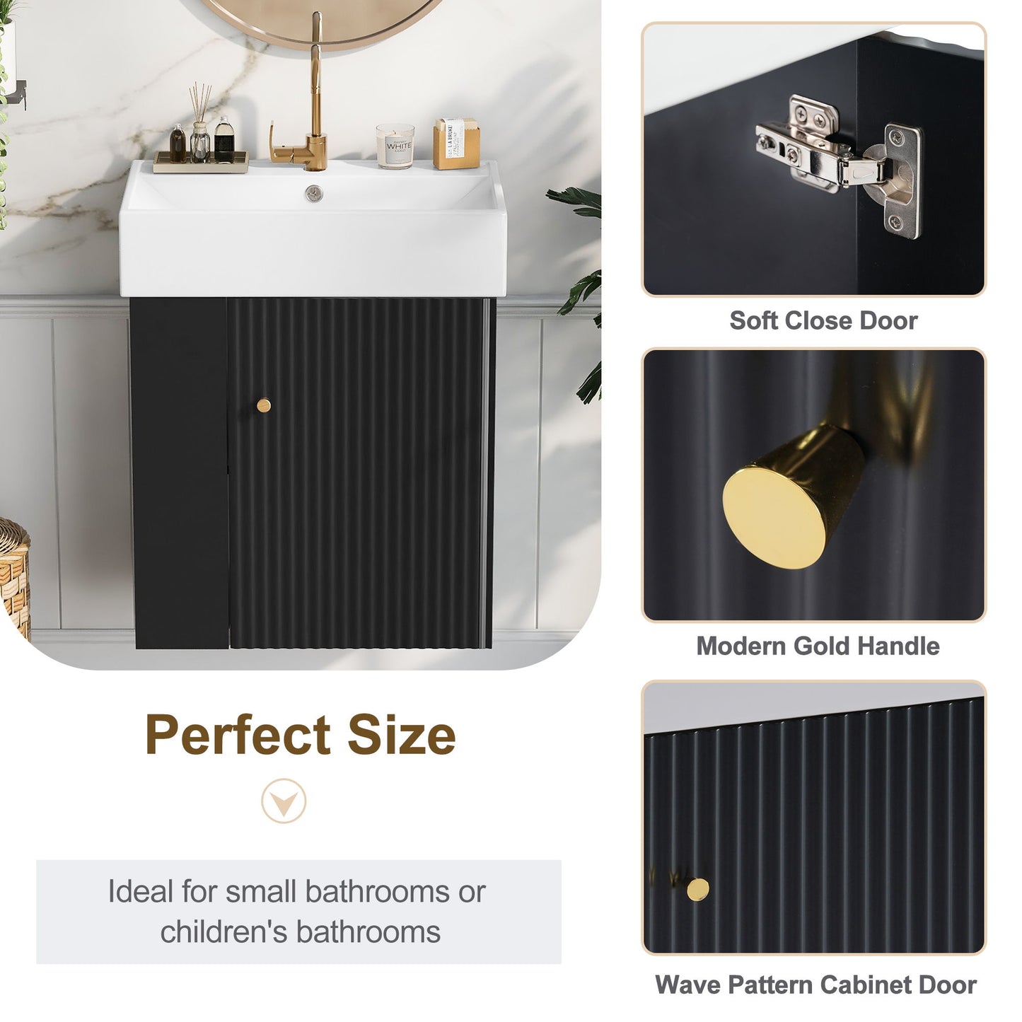 Modern Floating Bathroom Vanity With Ceramic Basin, Perfect For Small Bathrooms, Left Side Storage - Black