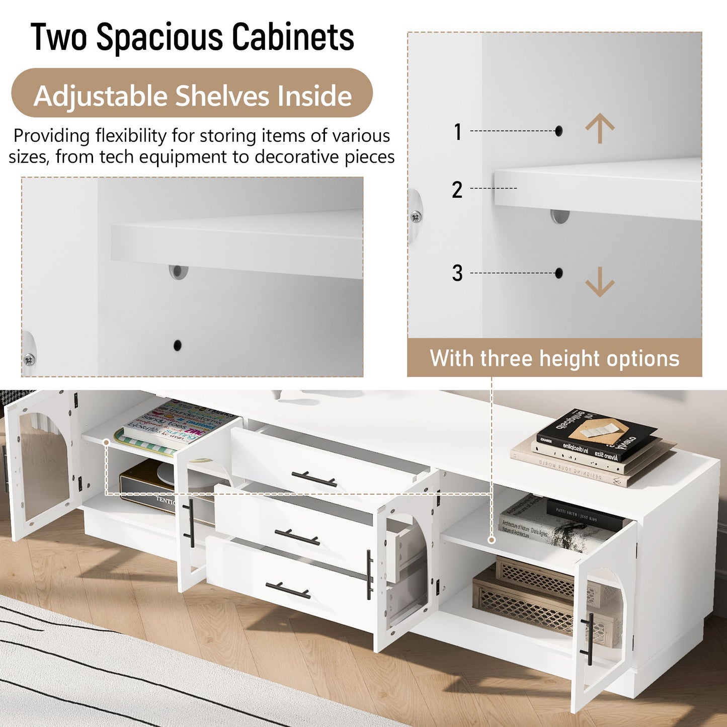 Modern Minimalist TV Stand For TVs Up To 75", Entertainment Center Media Console Cabinet With Adjustable Shelves For Living Room - White