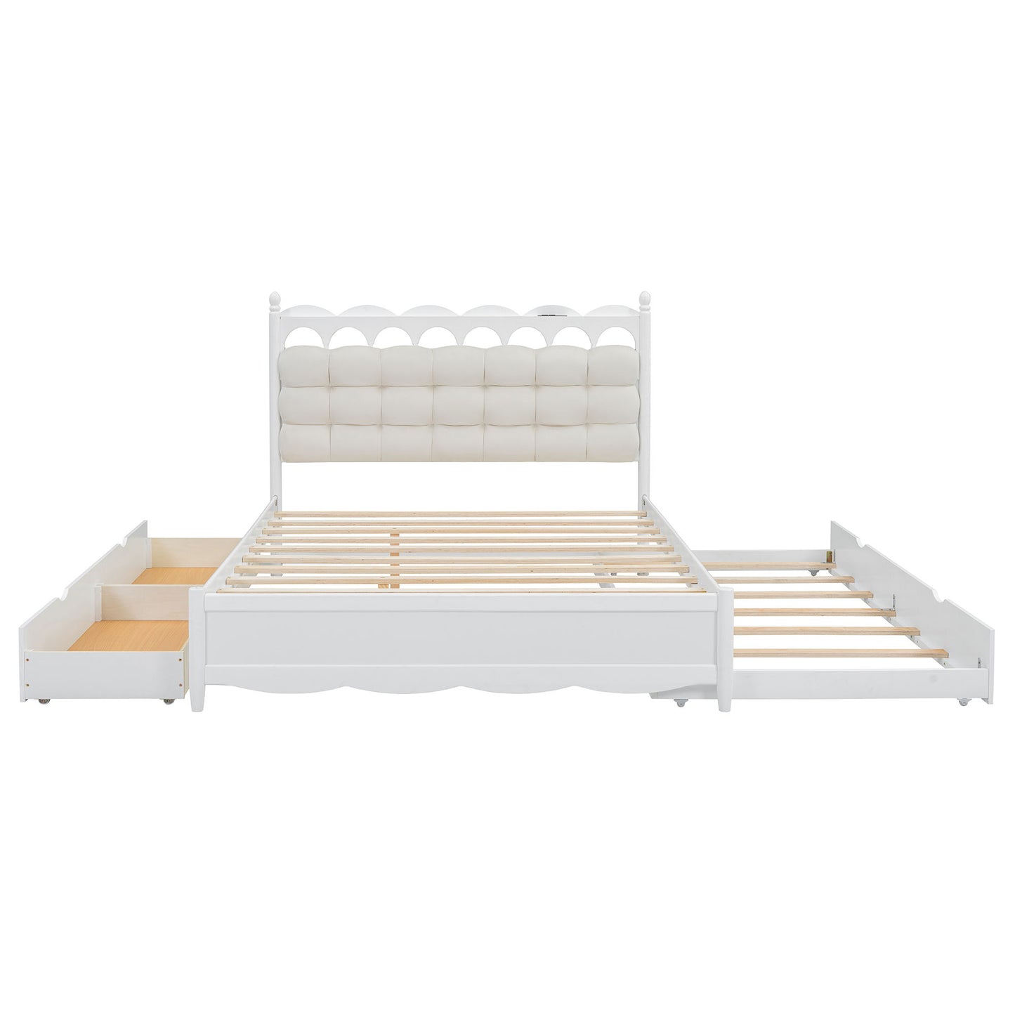 Queen Size Storage Platform Bed, With 2 Big Drawers, Twin Long Size Trundle, One Set Of Sockets & USB Ports - White