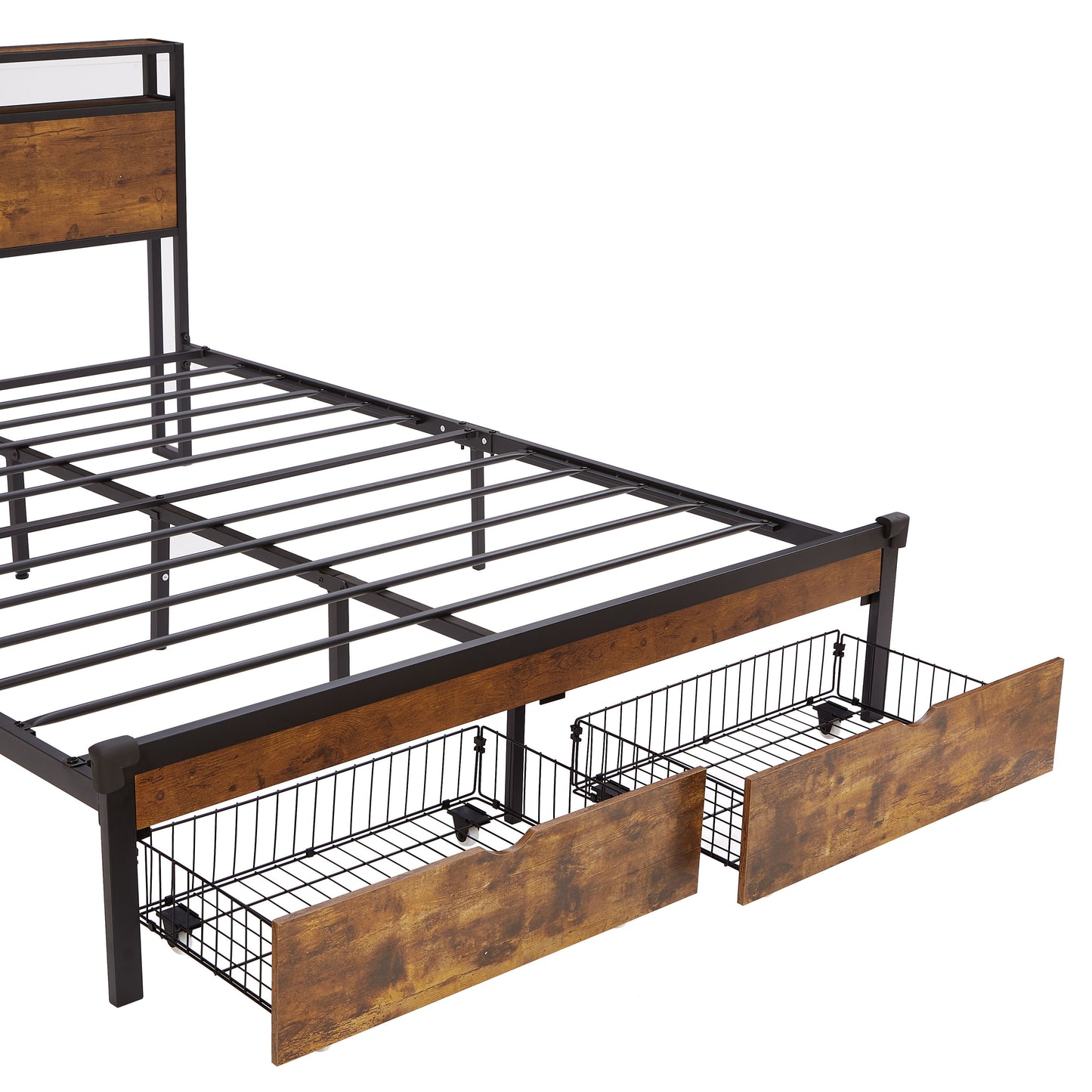 Modern Full Size Metal Platform Bed Frame With Wooden Headboard And Footboard, USB Charging Station, LED Lights, 2 Drawers, Easy Assemble - Brown / Black