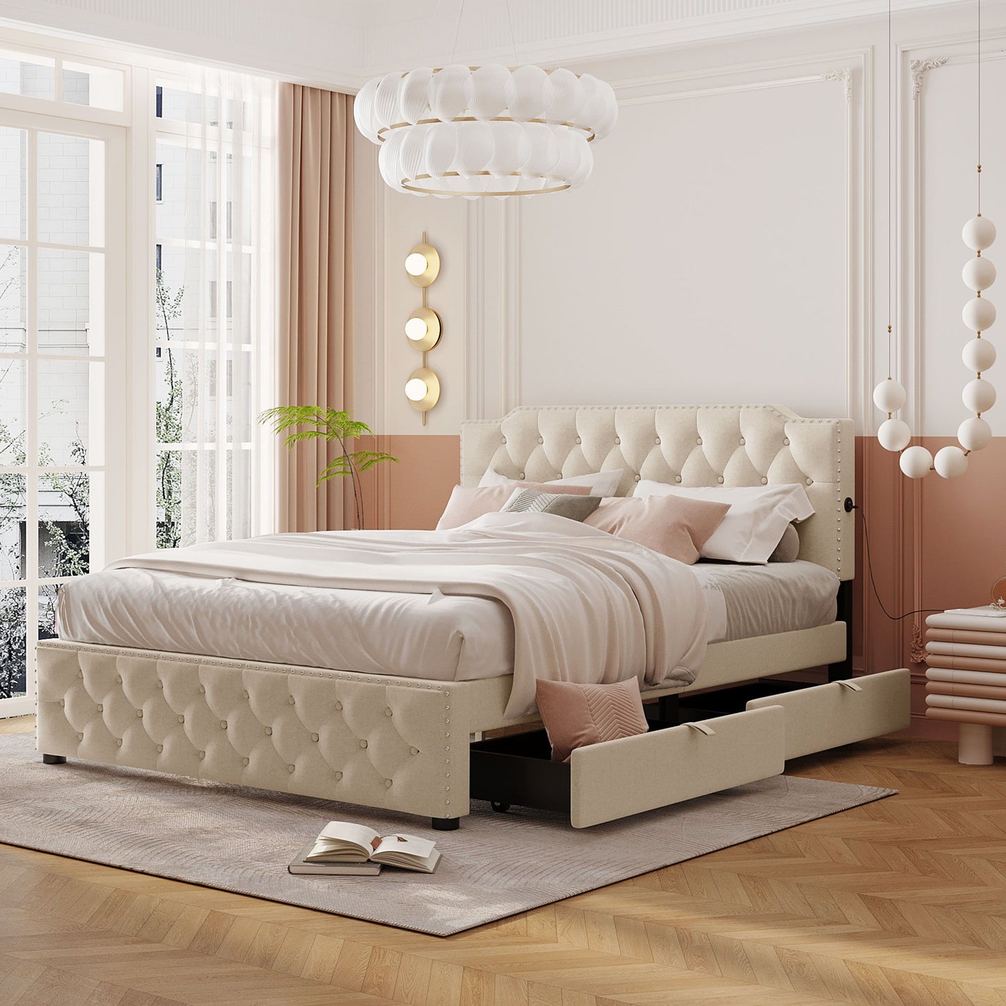 Queen Size Upholstered Platform Bed With 2 Drawers And 2 Sets Of USB Ports On Each Side - Beige