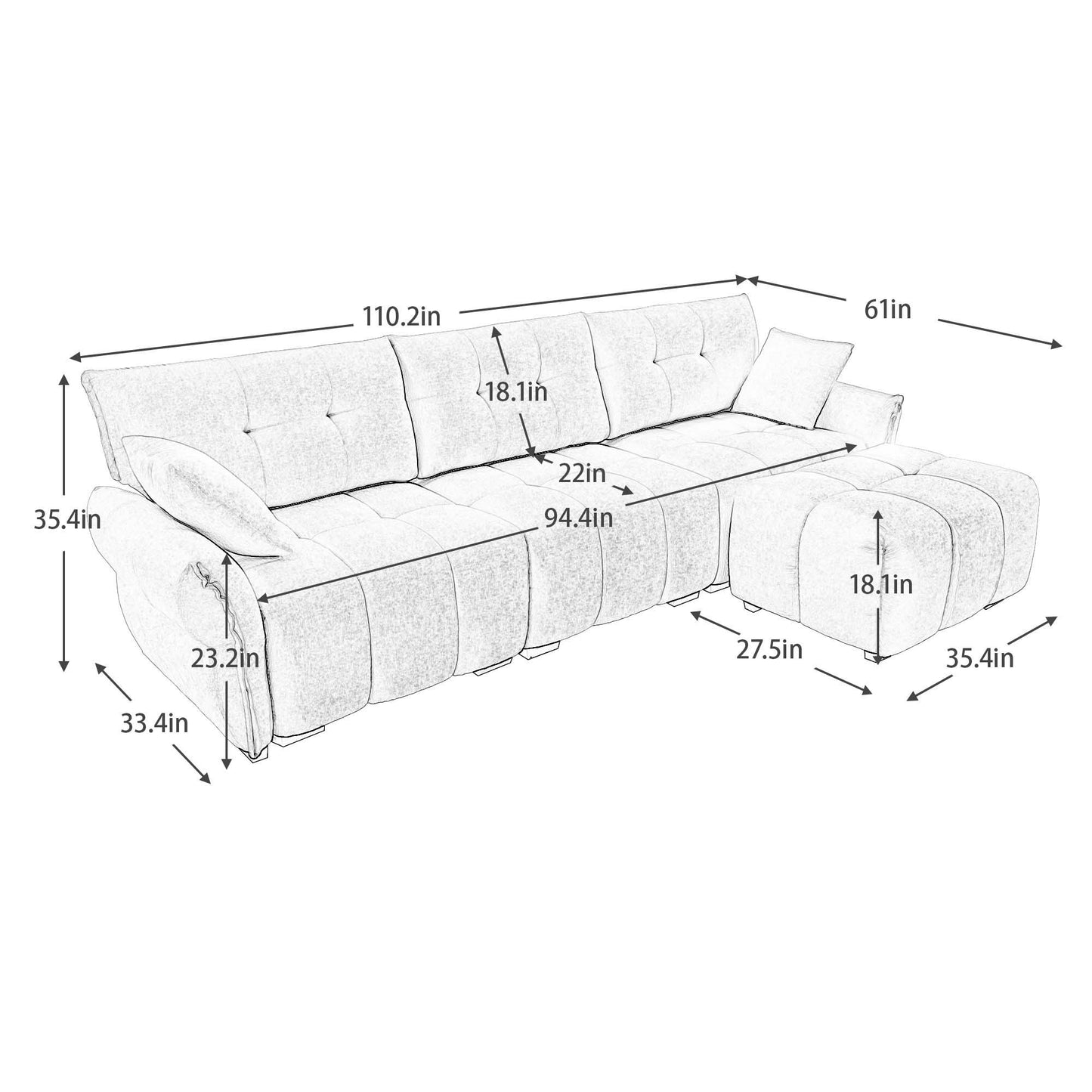 Stylish 3 Seater Sofa Set With Ottoman And Pillows, Textured, High Resilience Cushions - Green
