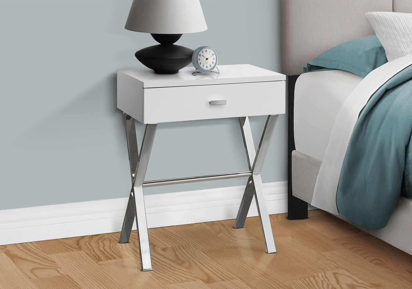 Accent Side Table, Storage Drawer, Glossy Contemporary And Modern - White
