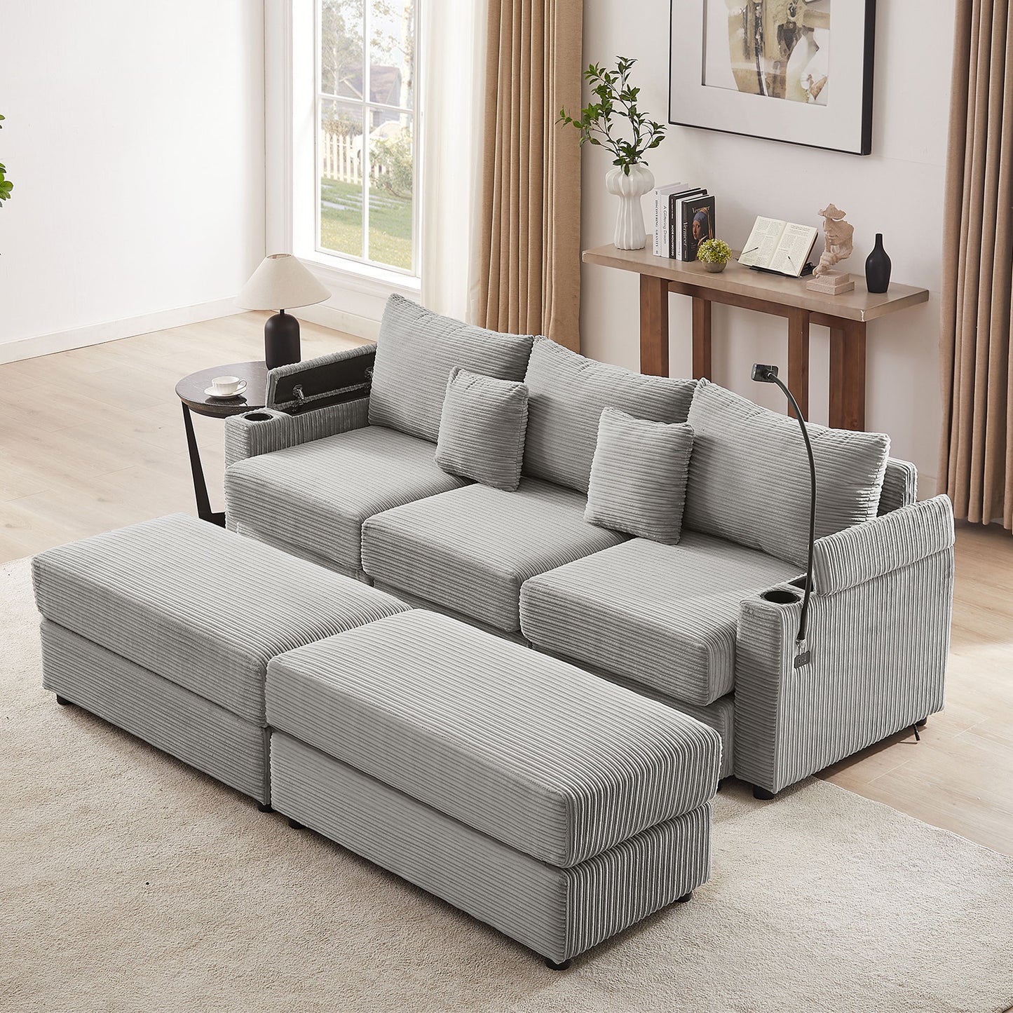 Modern Style 3 - Seater Sofa Sectional Sofa Couch With Storage Space, Two Movable Ottomans, Two USB Ports, Two Cup Holders, A Phone Holder For Living Room - Gray