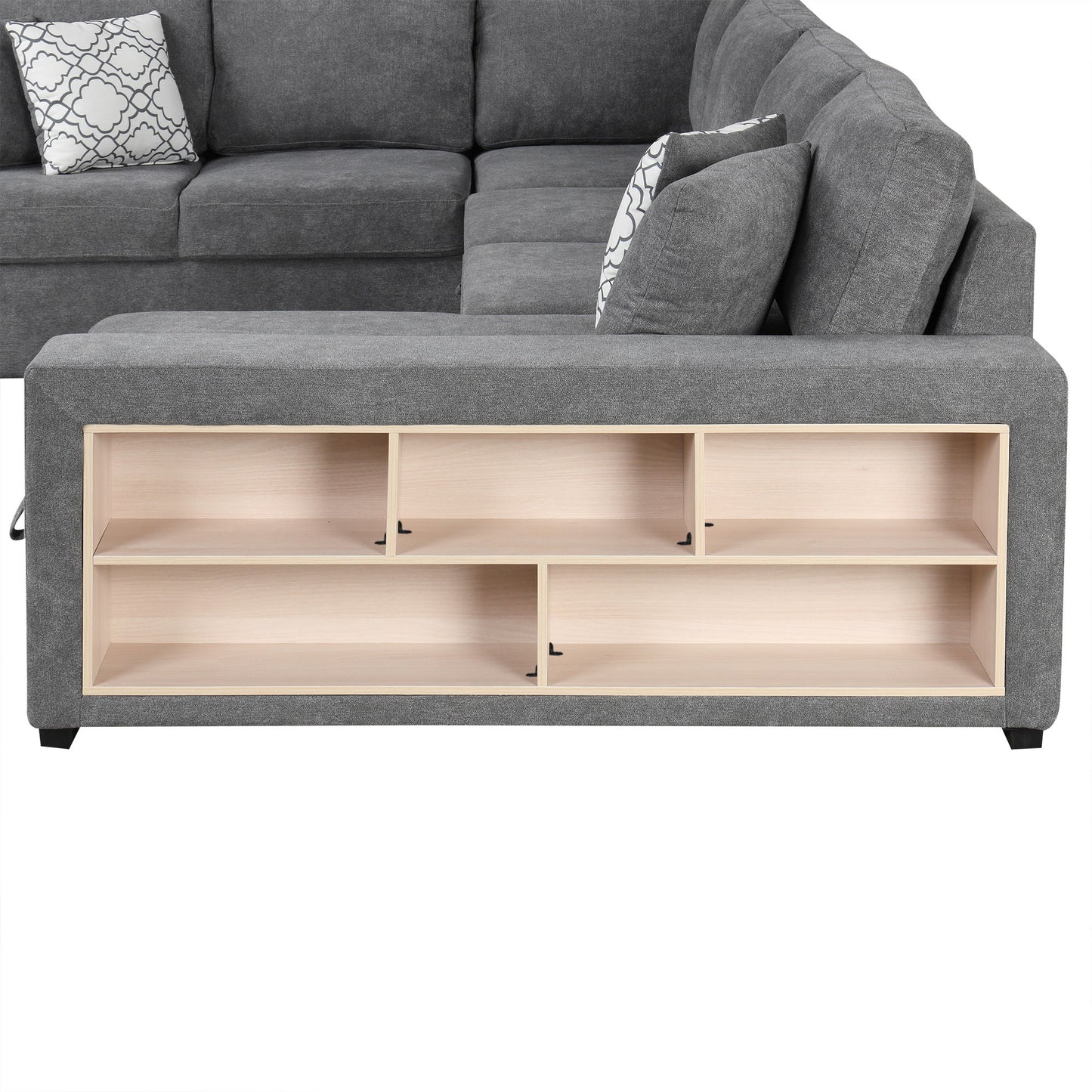 U-Shaped Sectional Sofa Pull-Out Sofa Bed With Two USB Ports, A Storage Chaise Lounge And Four Back Pillows For Living Room - Gray