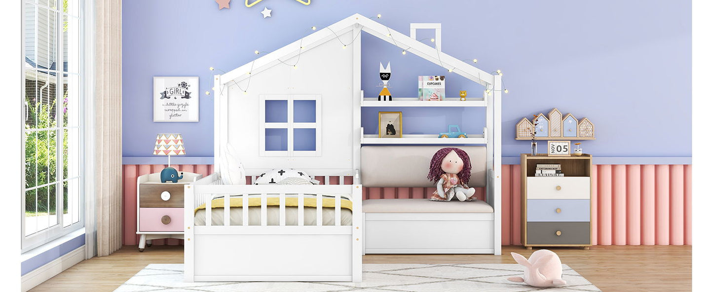 Twin Size House Bed With Sofa, Kids Platform Bed With 2 Drawers And Storage Shelf - White