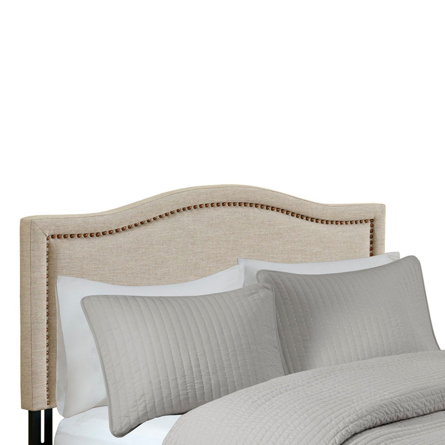 Upholstered Panel Headboard With Copper Nail Heads, Adjustable Height - Natural
