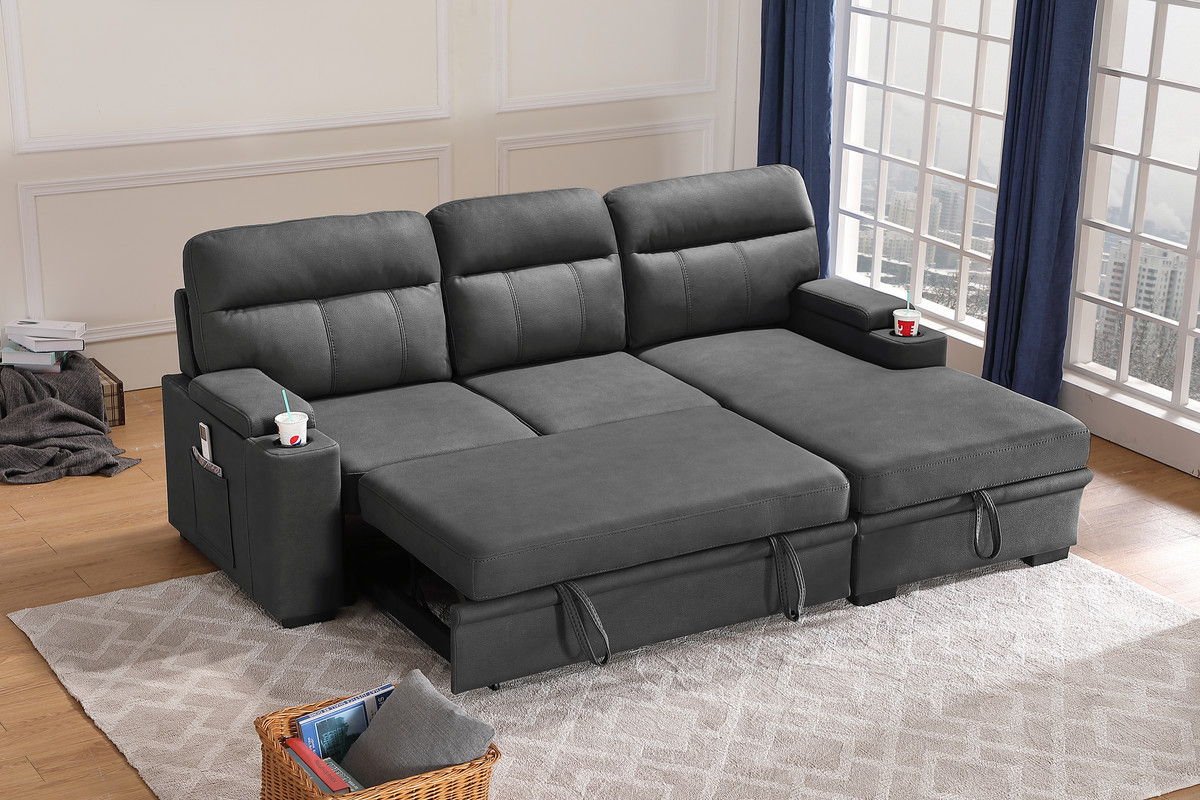 Kaden - Sleeper Sectional Sofa Chaise With Storage Arms And Cupholder - Gray