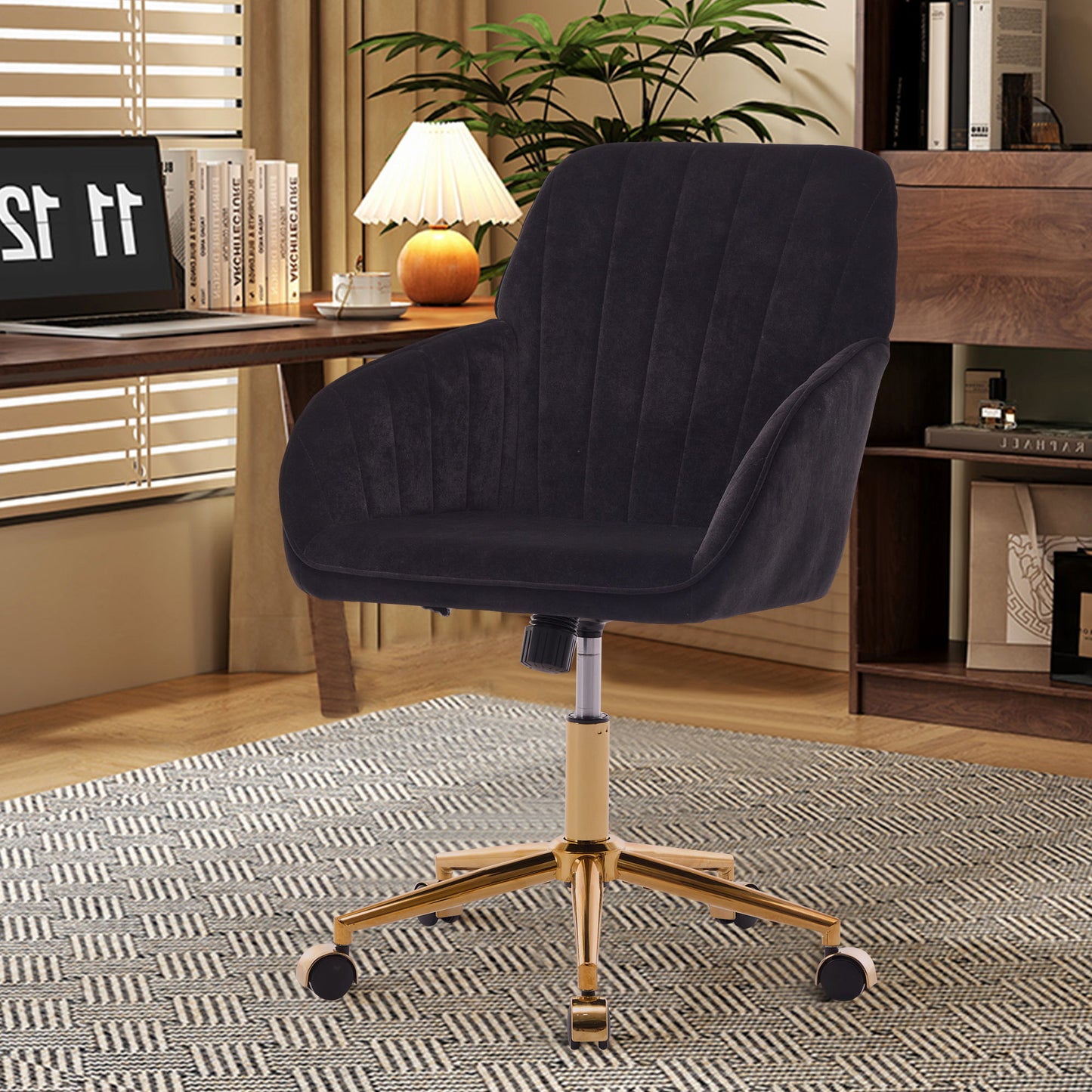 Adjustable Office Chair, Ergonomic Swivel Chair Velvet, Comfortable For Long Sitting - Black