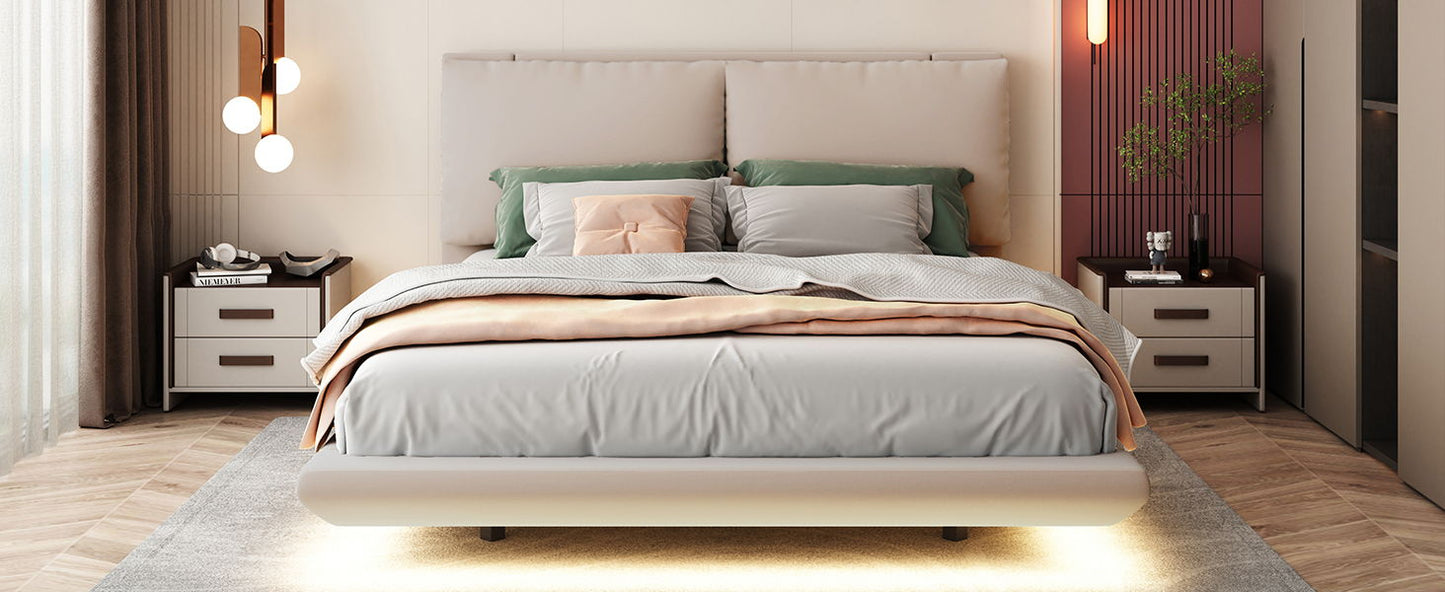 Queen Size Upholstered Platform Bed With Sensor Light And 2 Large Backrests, With 2 Sets Of USB Port And Socket On Each Rear Bed Leg - Beige