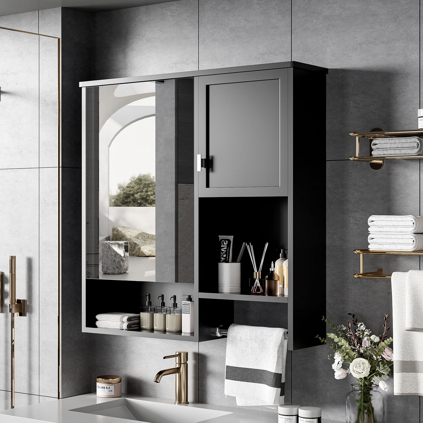 Modern Wall Mounted Bathroom Medicine Cabinet, Bathroom Wall Storage Cabinet With Mirror, Over The Toilet Space Saver Cabinet With Towels Bar - Black
