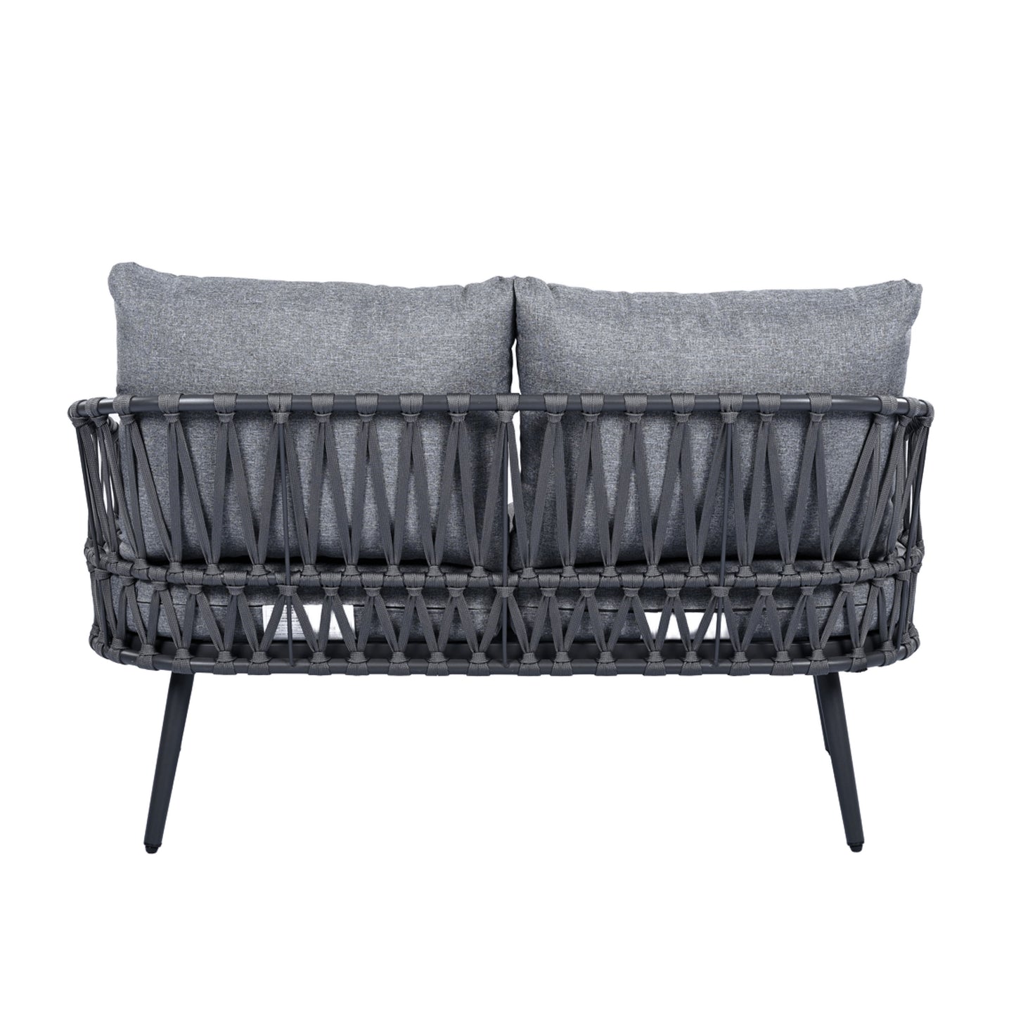 4 Piece Outdoor Patio Furniture Set, Metal Chairs With Woven Rope U Shaped Backrest, Outdoor Conversation Set With Thick Cushions And Coffee Table For Garden, Poolside, Balcony - Black / Gray