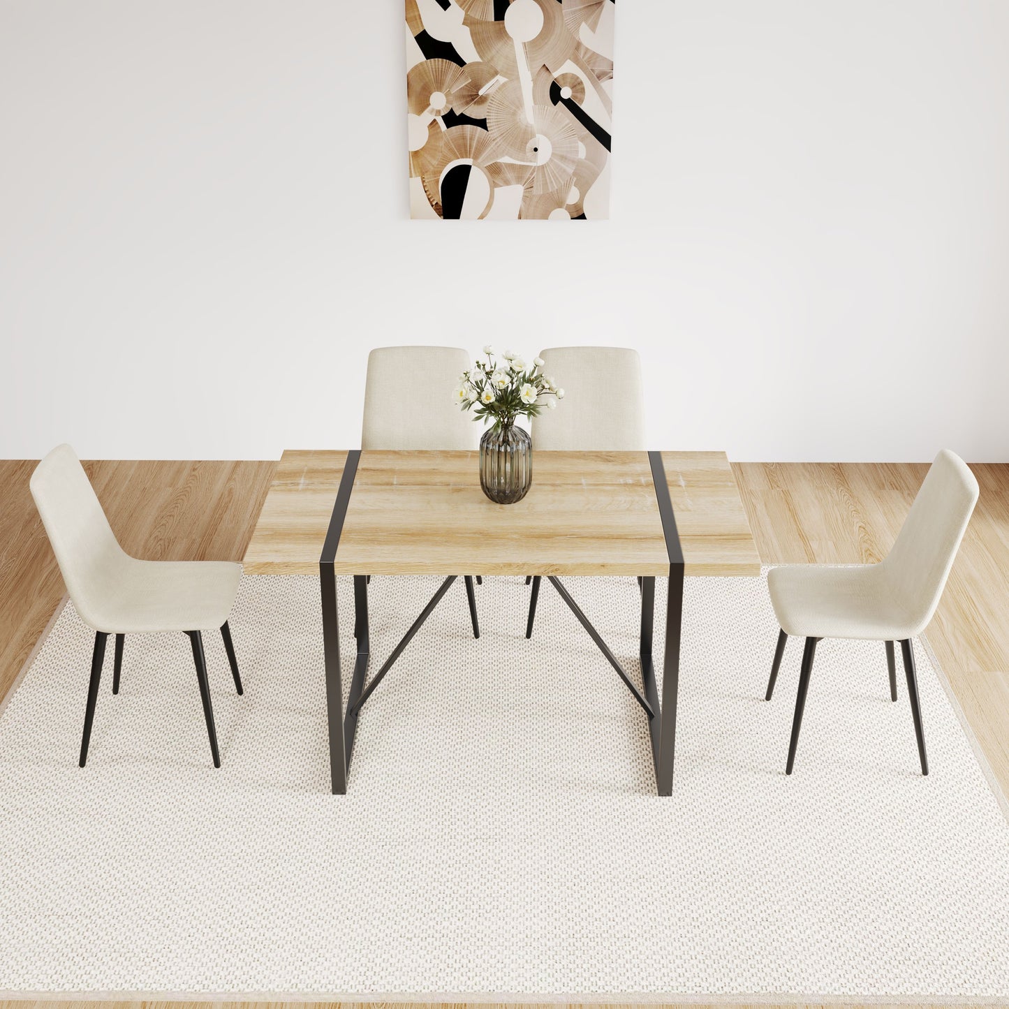 Modern Upholstered Dining Chairs (Set of 4) With Black Metal Legs And Linen Cushion Seat - Beige