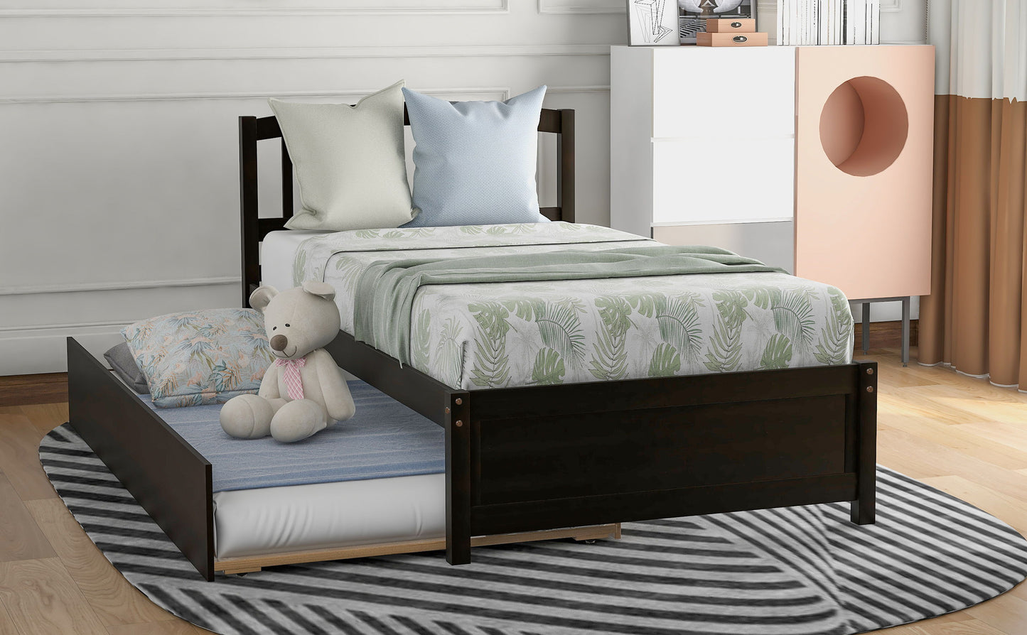 Twin Size Platform Bed Frame With Trundle - Espresso