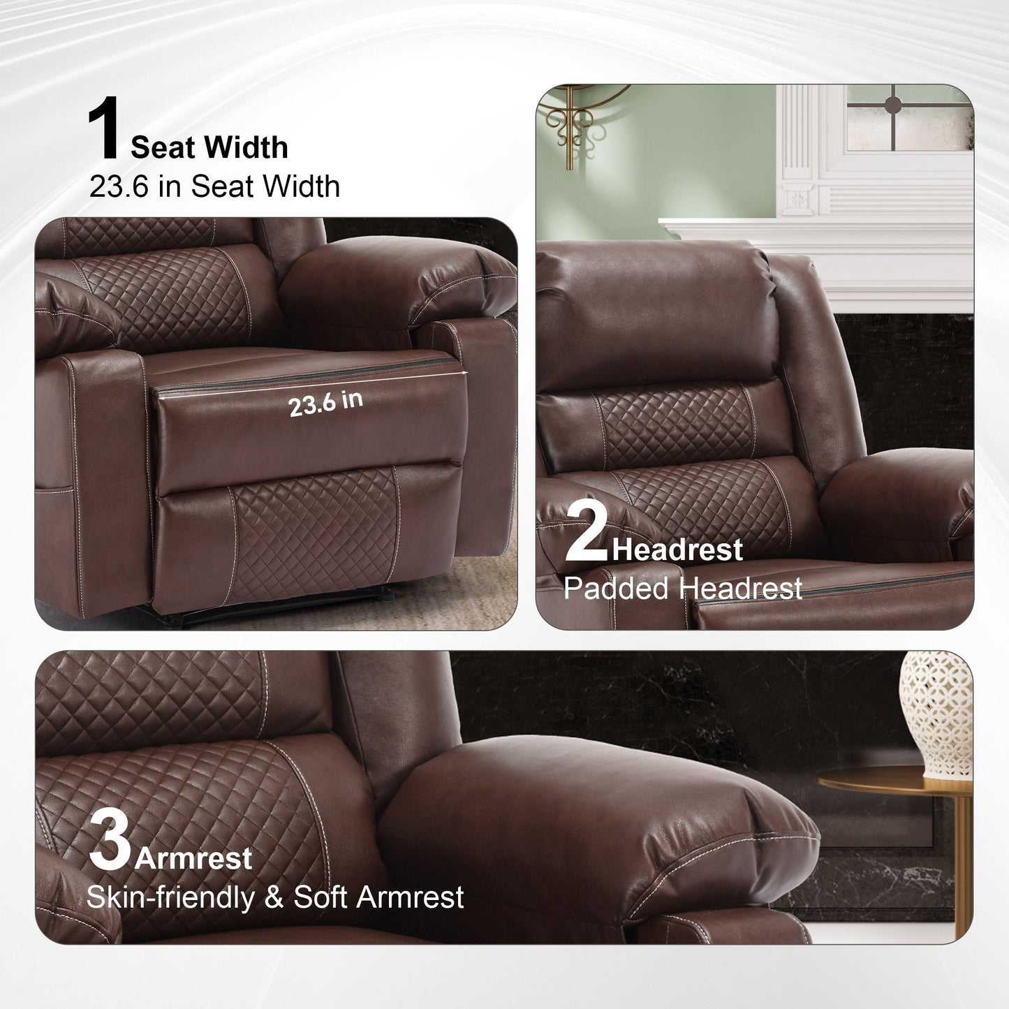 Breathable Leather Massage Recliner Chair Manual Living Room Reclining Sofa - Brown