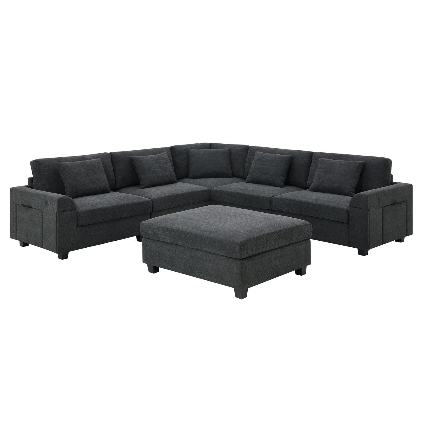 U Shaped Sectional Sofa 6 Seat Couch Set With Oversized Ottoman, Hidden Armrest Storage And Cup Holders USB Charging Ports Wide Seat Sofa - Black