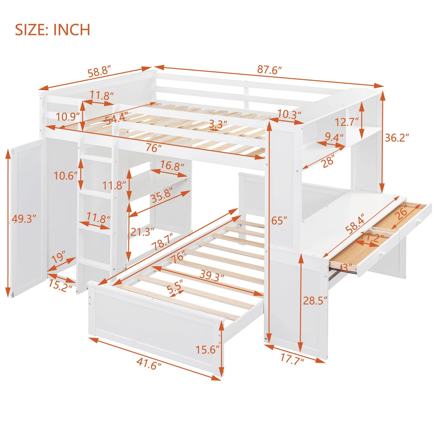 Full Size Loft Bed With A Twin Size Stand Alone Bed, Shelves, Desk, And Wardrobe - White