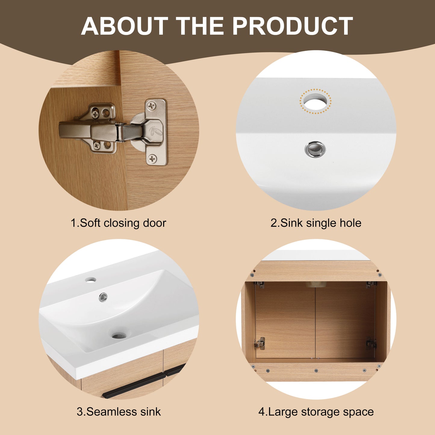 Bathroom Vanity With Resin Countertop Sink, 30" 2 Doors Cabinet Set - Oak