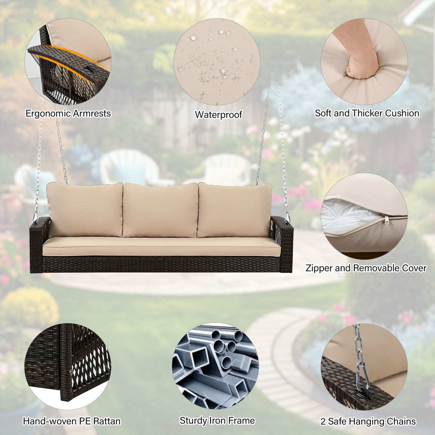 3 Person Porch Swing With Chains, Large Patio Swing Bench With Cushions For Backyard, Garden, And Poolside - Brown