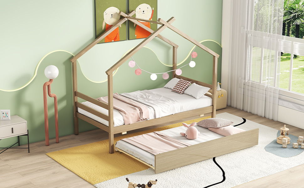 Twin Size House-Shaped Bed With Trundle - Natural
