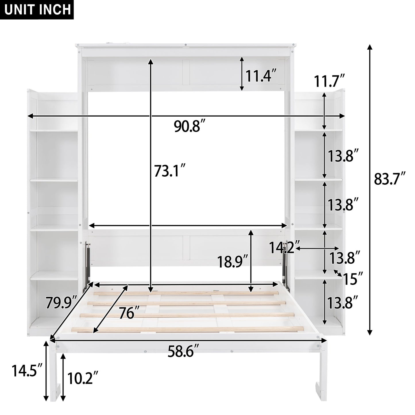 Full Size Murphy Wall Bed With Shelves And LED Lights - White
