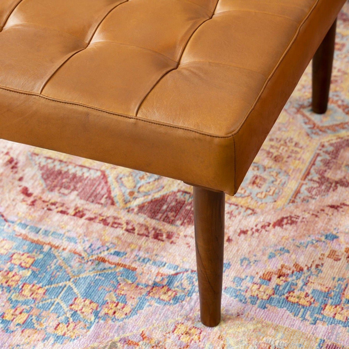 Mark - Mid-Century Tufted Square Genuine Leather Upholstered Ottoman - Light Tan / Rustic