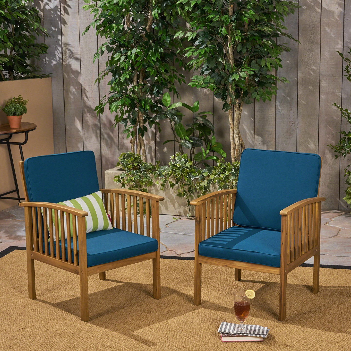 Casa Acacia Wood Club Chair (Set of 2) With Weather Resistant Cushions - Brown / Dark Teal