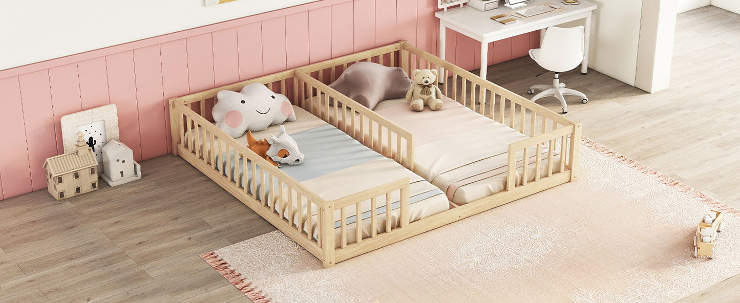 Double Twin Floor Bed With Fence, Guardrails, Without Door - Natural