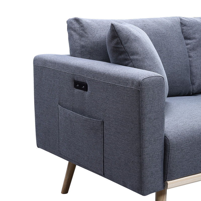 Easton - Linen Fabric Loveseat With USB Charging Ports Pockets And Pillows - Dark Gray