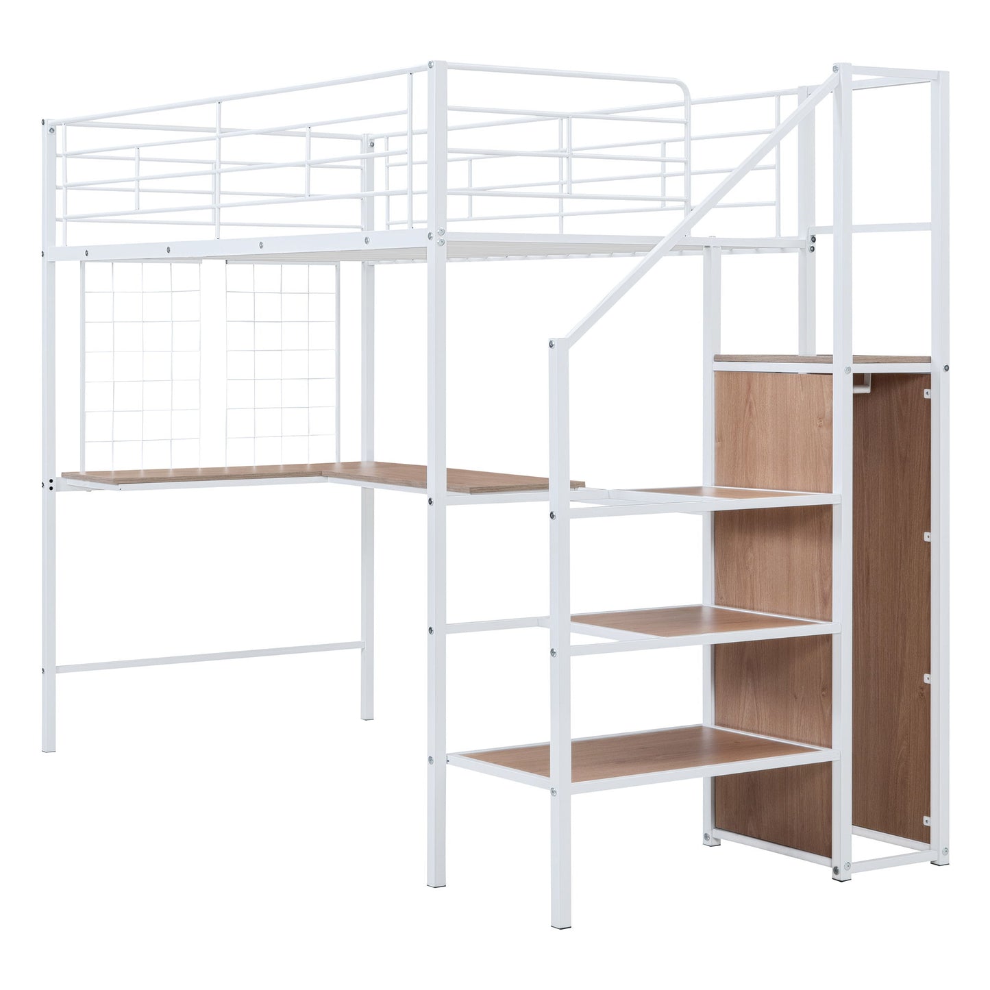 Twin Size Loft Bed With Desk And Grid, Stylish Frame With Lateral Storage Ladder And Wardrobe - White