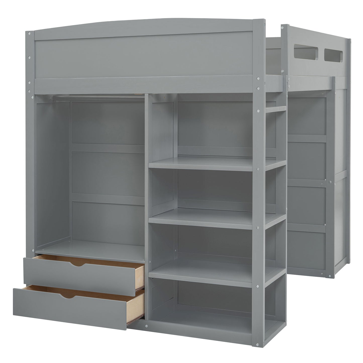 Full Size Loft Bed With Desk, Wardrobes, 4 Drawers And 4 Shelves - Gray