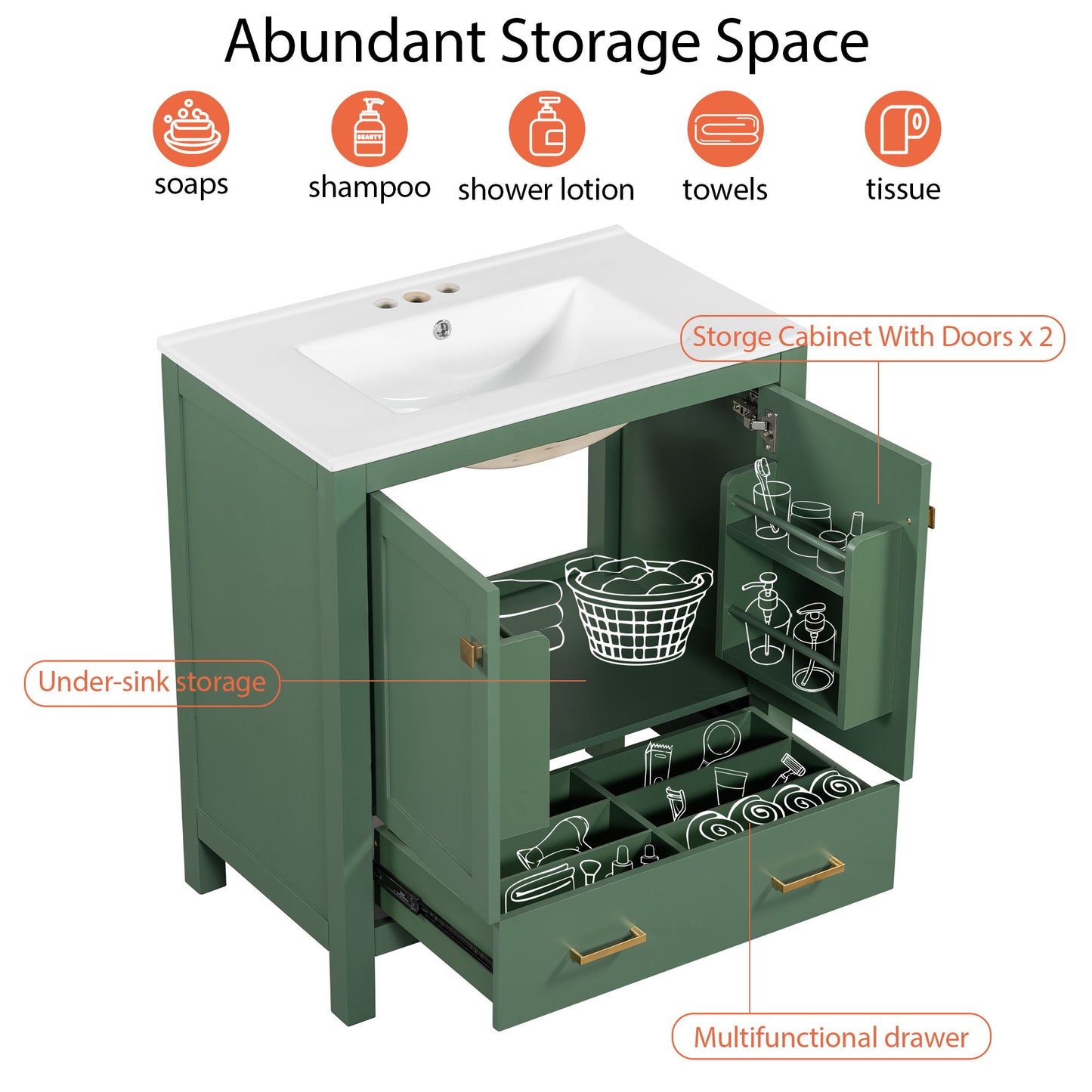 Bathroom Vanity With Single Sink, Combination Under Counter Sink, Bathroom Storage Cabinet With 2 Doors And A Drawer, Soft Closure, Multifunctional Storage - Green