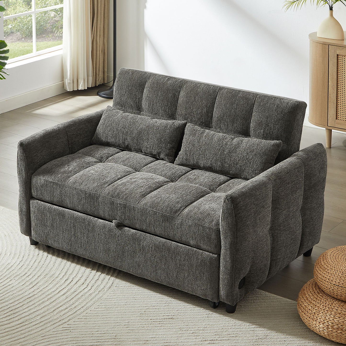Loveseat Sofa Pull Out Sofa Bed Tufted Sleeper Sofa With An Adjustable Backrest, 3 USB Ports And 2 Lumbar Pillows For Living Room - Gray