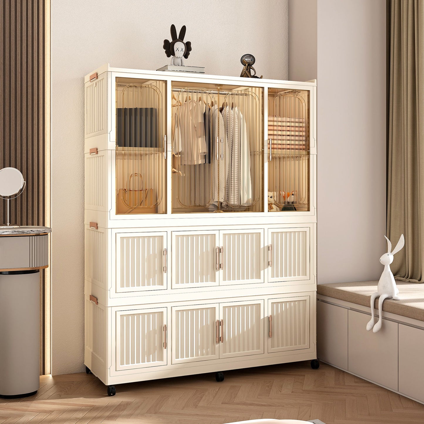 Portable Wardrobe Closet Storage Organizer With 12 Magnetic Doors, 12 Cubes & Hanging Rod - White