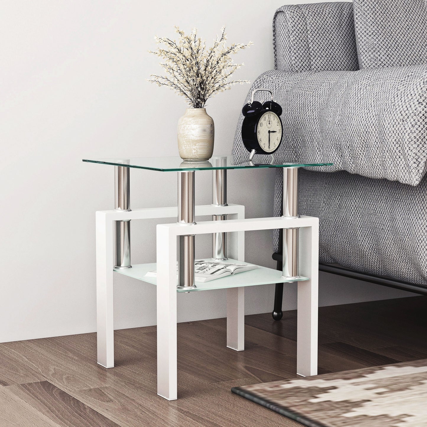 Modern Tempered Glass Tea Table, End Square Table For Living Room - Transparent / White